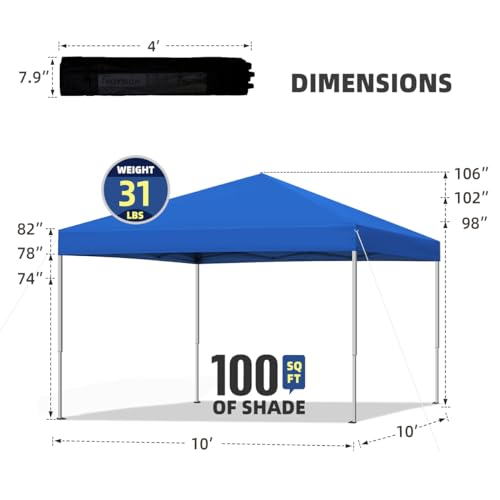 10x10 ft Pop Up Canopy Tent, Easy Up Instant Outdoor Canopy, Straight Legs, Wheeled Carry Bag - Blue