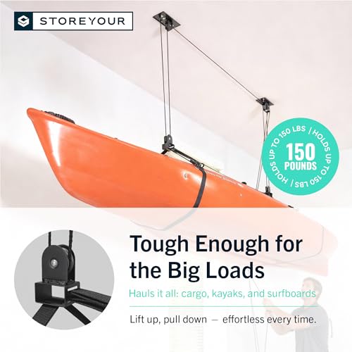 StoreYourBoard Kayak and Canoe Ceiling Hoist – Overhead Garage Storage Rack for Kayaks, Canoes, and Paddle Gear – Heavy Du...
