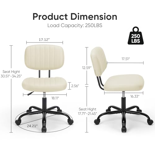 DUMOS Armless Home Office Desk Chair -Small Ergonomic with Low Back Lumbar Support, Height Adjustable PU Leather Computer ...