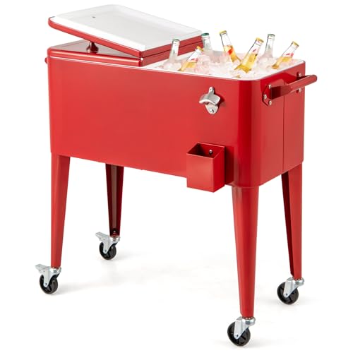 Goplus 80-Quart Rolling Ice Chest, Outdoor Cooler Cart with Wheels, Side Handles, Bottle Opener & Cap Catcher, Portable In...