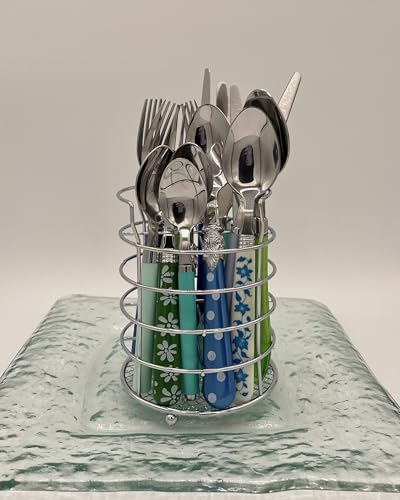 The Original Brink House Eclectic Blue Green Mix & Match Stainless Steel Cutlery Set / 16 pieces with Metal Stand/Lifestyl...