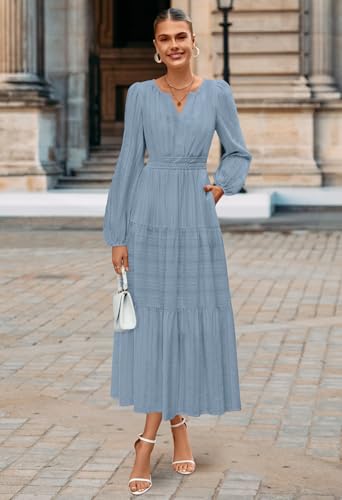 MEROKEETY Winter Midi Dresses for Women 2026 Spring Long Sleeve Casual V Neck Tiered Cotton Maxi Dress Pockets