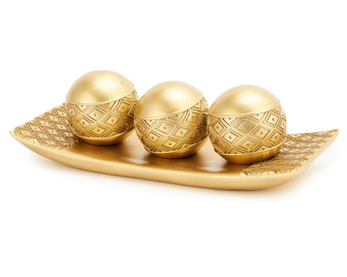 Artconal Golden Spheres Orbs Set of 3 with Tray for Centerpiece Table Decoration, Golden Accent Center Piece for Home Dini...