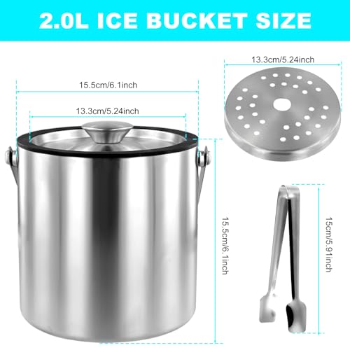 Abizarch Ice Bucket with Lid Strainer Tong,2QT Double Walled Stainless Steel Insulated Ice Bucket Container,Good Sealing I...