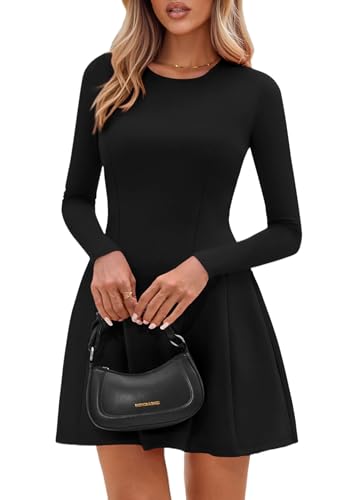 PRETTYGARDEN Long Sleeve Mini Dress for Women 2026 Spring Crewneck Knit Pleated Babydoll A Line Casual Short Party Dresses