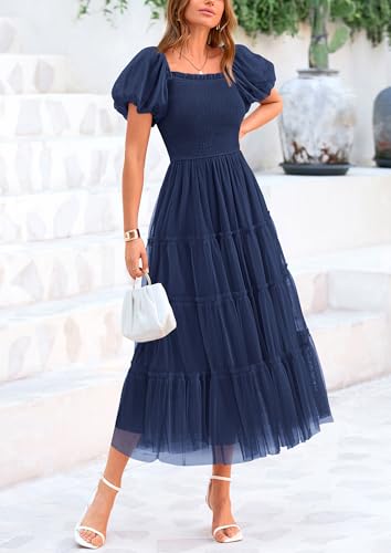 PRETTYGARDEN Women's Smocked Midi Tulle Dress 2026 Summer Puffy Short Sleeve Square Neck Ruffle Wedding Guest Party Dresses