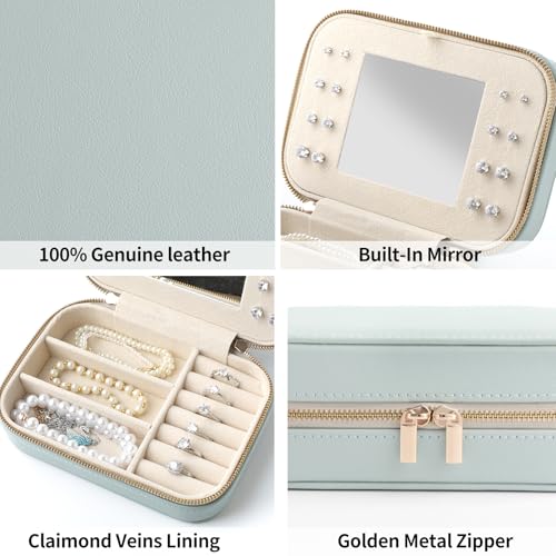 NGVRC Genuine Leather Travel Jewelry Organizer Case with Mirror for Women, Small Mini Portable Jewelry Box for Ring Earrings Necklace Bracelet Luxury Gift for Women（Pink）