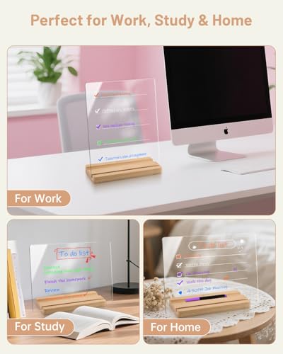 Clear Acrylic Dry Erase Board with Wood Stand – 9x12 Desktop Whiteboard for Writing, Drawing & Planning – Includes 6 Liqui...