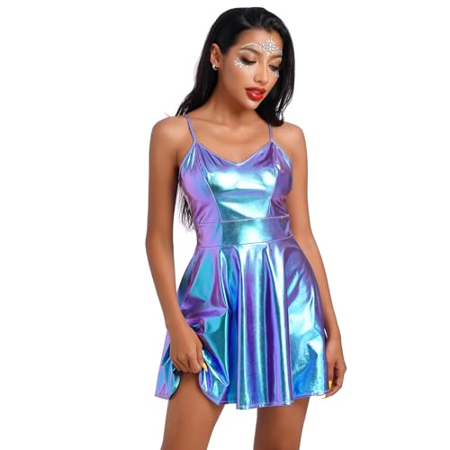 ABAFIP Women Shiny Holographic Sleeveless V-Neck High Waist Rave Disco Dance Party Music Festival Dress 70s Outfit