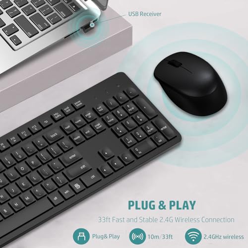 LeadsaiL Wireless Keyboard and Mouse Combo, Full-Sized Ergonomic Computer Keyboard, 2.4GHz Cordless Keyboard Silent Mouse ...