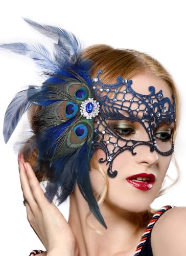 Zinniday Halloween Masquerade Masks for Women - 2026 Peacock Feather Lace Mask 1920s Venetian Eyemask for Party