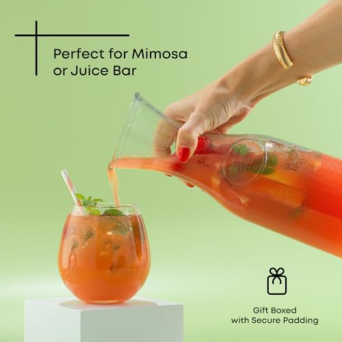 JoyJolt Glass Carafe with Lid, Set of 3 – 1 Liter Glass Pitcher for Mimosa Bar, Water, Iced Tea, Juice, Wine, Lemonade, Mi...