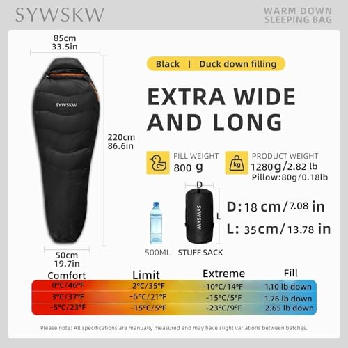 SYWSKW Down Sleeping Bag with Pillow for Backpacking,15℉ 5℉ 0℉ Wide Down Sleeping Bag (86.6 in x 33.5 in) for Adults,Youth...