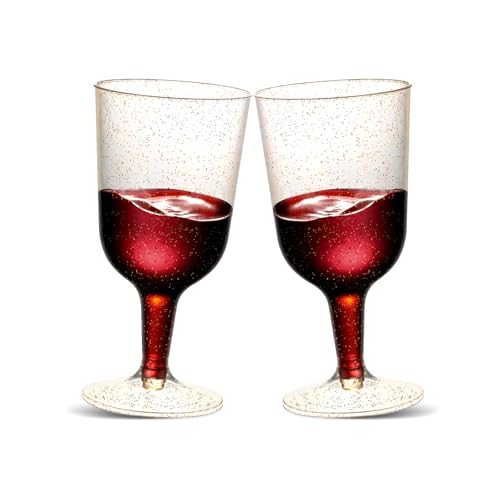 TENYASEN 30 Pack 6oz Plastic Wine Glasses – Disposable Gold Glitter Mini Stemware with Removable Base for Weddings, Partie...
