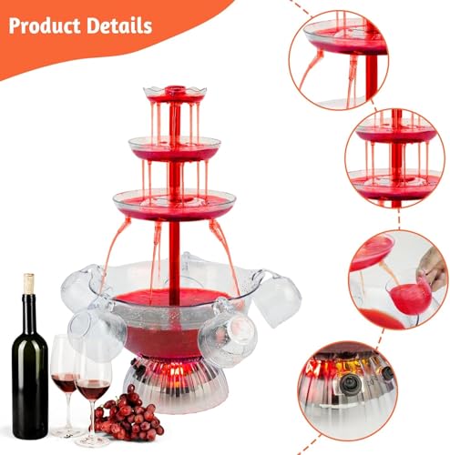 3-Tier Party Fountain, Electric Drink Machine with 5 Cups, 3L Drink Dispenser for Cocktail Red Wine Beer Juice Beverage, D...
