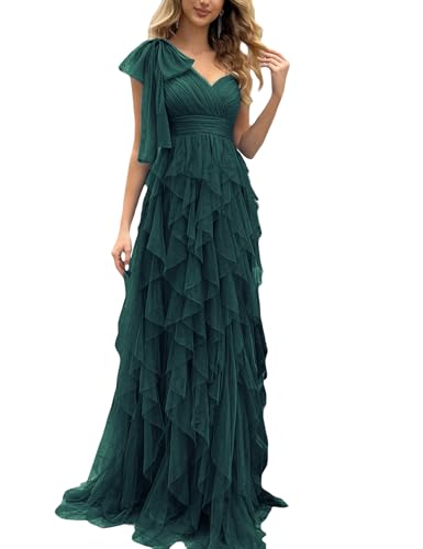 VOUIAO Summer Women Tulle Prom Dress Elegant Bow One Shoulder Slit Evening Party Gown Wedding Guest Bridesmaid Maxi Dress