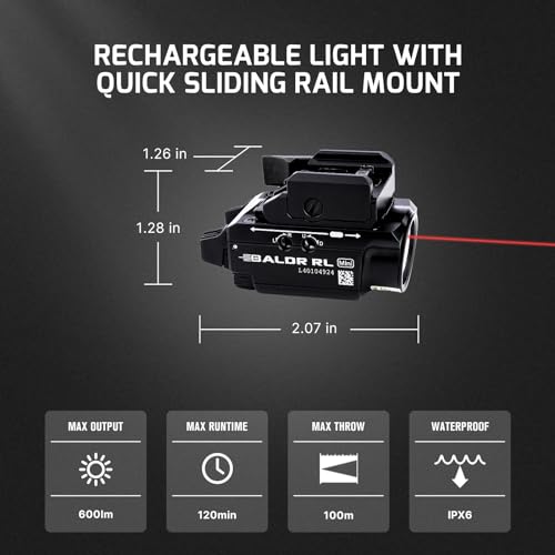 OLIGHT Baldr RL Mini 600 Lumens Compact Rail Mounted Weaponlight with Red Beam and White LED Combo, Magnetic USB Rechargea...