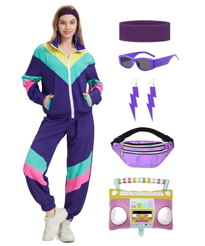 Coseaon 80s Tracksuit for Women Retro Windbreaker Outfit 90s Color Block Sportswear Set with Jacket Sweatpants