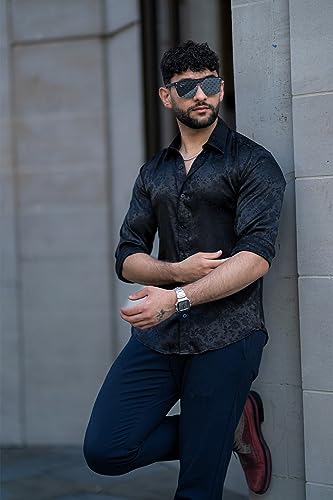 COOFANDY Men's Silk Satin Dress Shirts Jacquard Long Sleeve Floral Button Up Shirts Party Prom Wedding Shirt