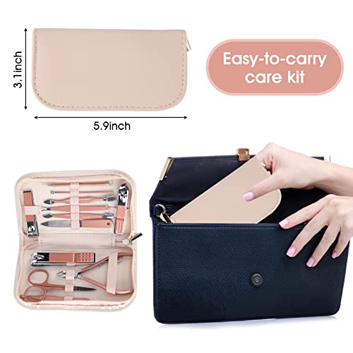 Nail Clippers and Beauty Tool Portable Set Manicure Set 12 in 1, with Pink Leather Bag, Suitable for Home, Workplace, Outd...