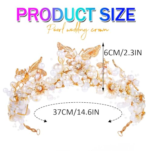 GORTIN Butterfly Crown and Tiara Gold Light up Flower Bride Wedding Headpiece Pearl Headband Bridal Hair Accessories for W...