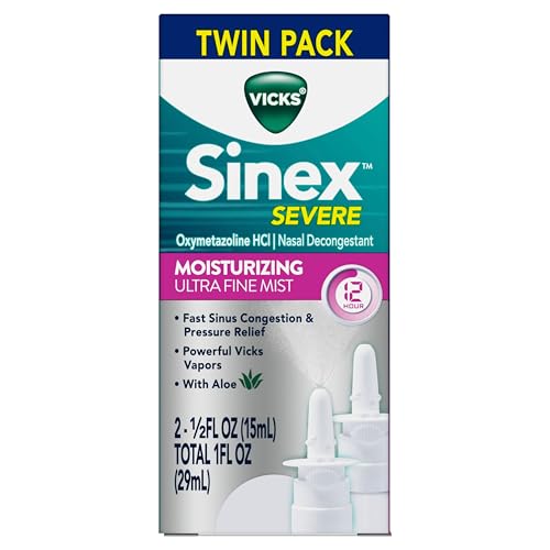 Vicks Sinex Severe Nasal Spray, Moisturizing Ultra Fine Mist with Aloe, Decongestant Medicine, Relief from Stuffy Nose Due to Cold or Allergy, Nasal Congestion & Sinus Pressure Relief, 265 Sprays x 2