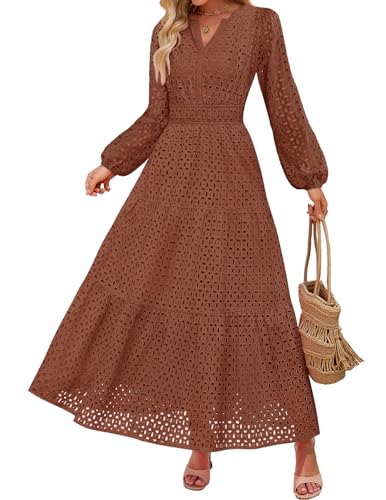 ZESICA Women's 2026 Spring Long Sleeve Maxi Dress V Neck Hollow Out Eyelet A Line Long Flowy Casual Party Dresses