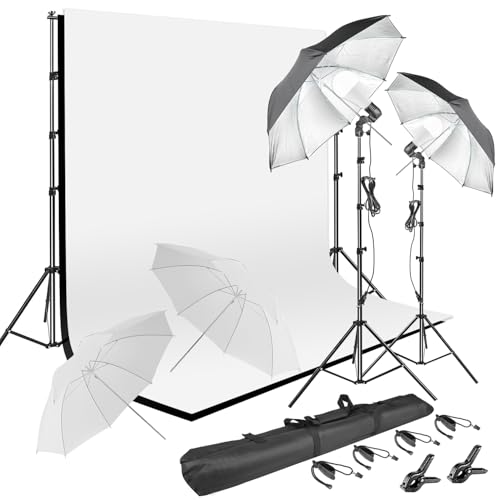 HYJ-INC Photography Umbrella Lighting Kit With 85w Led bulb,Muslin Backdrop (White Black), Backdrop, Clips Clamp,8.5*10ft ...