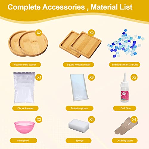 WATHFKCU 4 Sets DIY Glass Mosaic Tiles for Crafts,Mixed Color Mosaic Kits with Wooden Coaster for Adults,Mosaic Crafts Mat...