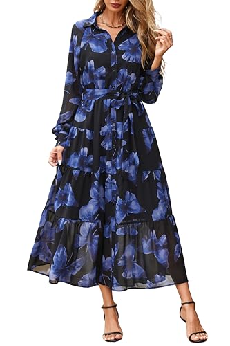 PRETTYGARDEN Women's Fall Dress 2025 Casual Long Sleeve Button Down Belted Boho Floral Flowy Maxi Wedding Guest Dresses