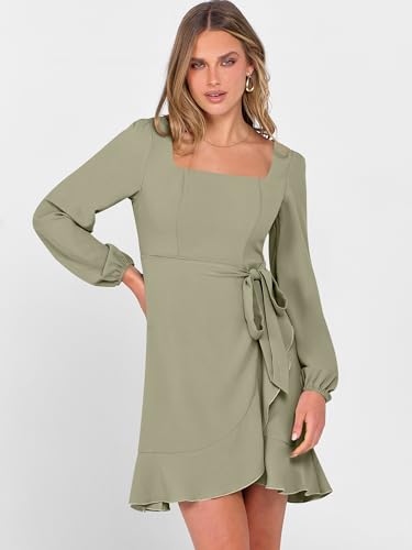 ANRABESS Womens Dress Long Sleeve Square Neck Tie Waist Ruffle Hem Short Cocktail Wedding Guest Fall Party Club Mini Dresses