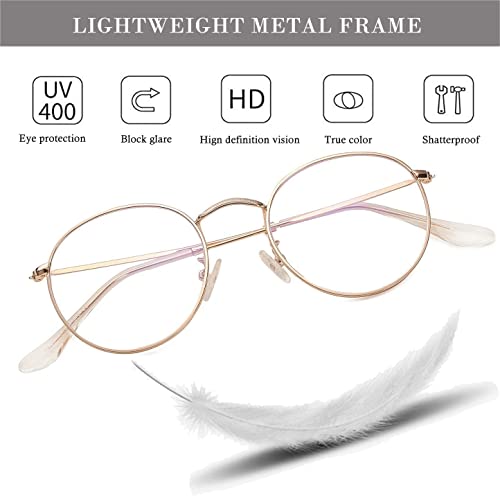 HJSTES Round Blue Light Glasses for Women Men Retro Circle Clear Lens Metal Frame Eyeglasses