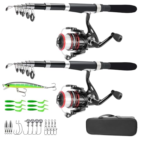 Fishing Pole Combo Set,2.1m/6.89ft 2PCS Collapsible Rods 2PCS Spinning Reels Lures Set Carrier Bag Carbon Fiber Telescopic...