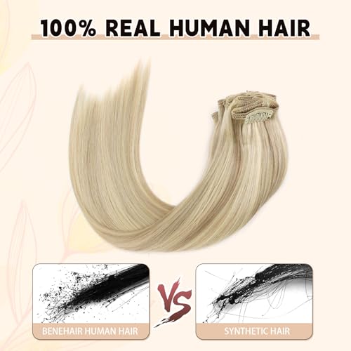 Sassina Clip in Human Hair Extensions 18 Inch Double Skin Weft Clip ins Hair Extensions Golden Blonde to Medium Blonde Invisible Natural Straight Human Hair Full Head 8 Pcs 120 Grams #P16/22