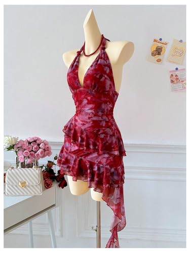 Verdusa Women's Y2k Mesh Mini Dress Floral Halter Backless Fairy Dress Ruffle Going Out Dress Wedding Guest Dress
