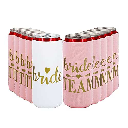 LADY&HOME Bachelorette Slim Can Coolers for Bridesmaid, Set of 10 Bride and Team Bride Can Cooler for Bachelorette Party F...