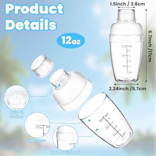 12 Pcs Plastic Cocktail Shaker Drink Mixer with Scales and Strainer Top Clear Shaker Cup with Measurement Plastic Bar Mixi...