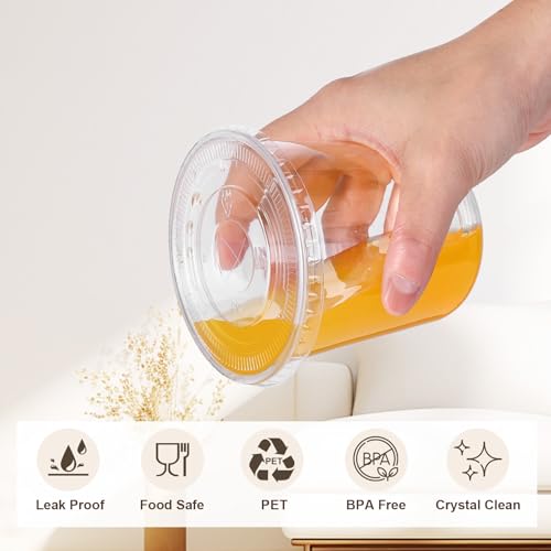 tchrules 100 Set 12oz Plastic Cups with Lids and Straws, Disposable Clear Iced Coffee Cup with Lid, Round Bottom Plastic T...