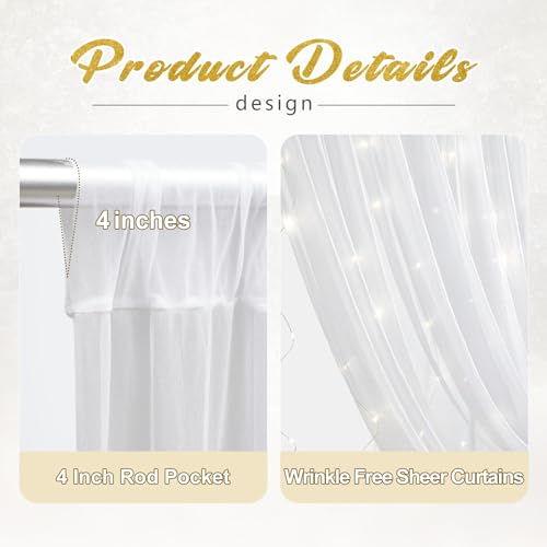 10x10ft White Tulle Backdrop Curtain with Lights String for Parites, Sheer Photo Backdrop Drapes with Lights for Wedding C...