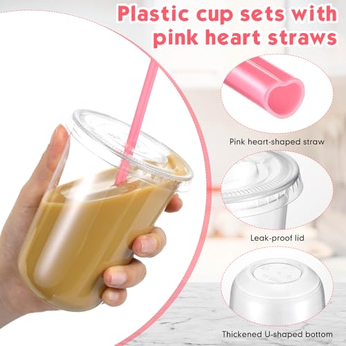 Ziliny 50 Sets Clear Plastic Cups with Heart Shaped Pink Straws and Lids, Disposable Iced Coffee Cups Drinking Pet for Col...