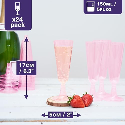 MATANA 24 Glitter Pink Champagne Flutes Plastic Champagne Glasses 5 oz, Reusable Pink Plastic Wine Glasses, Copas De Plast...