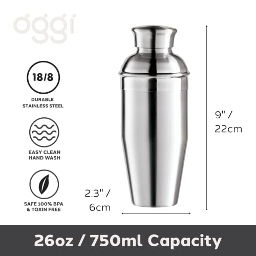 OGGI Classic Cocktail Shaker Stainless - 26 oz, Stainless Steel Construction, Built in Strainer - Ideal Home Bar Drink Mix...