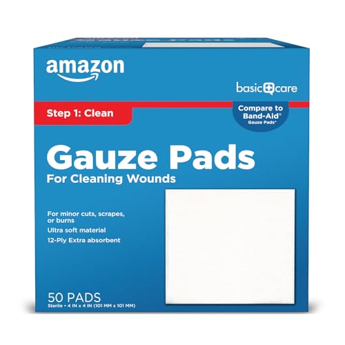 Amazon Basic Care Gauze Pads, 4x4 inches Sterile Medical Wound Dressing Sponges for Cleaning, Covering, & Cushioning Cuts...