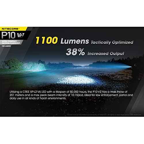 Nitecore P10 V2 1100 Lumen Tactical Flashlight with Hard Holster and Two LumenTac Batteries