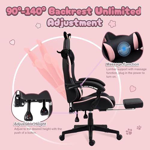 Dowinx Gaming Chair Cute with Cat Ears and Massage Lumbar Support, Ergonomic Computer Chair for Girl with Footrest and Hea...