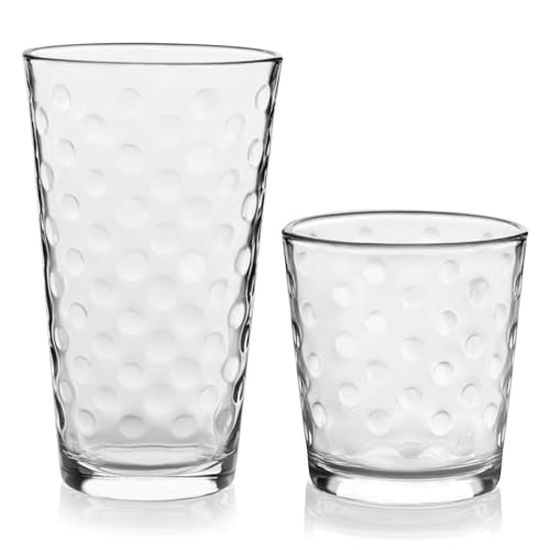 Libbey Awa Tumbler and Rock Glasses Drinking Set, Elegant Polka Dot Drinking Glasses Set of 16, All Purpose Glass Cups Set...
