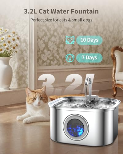 Vekonn Cat Water Fountain Stainless Steel, 3.2L/108oz Cat Fountain with Large Water Level Window, Pet Water Dispenser with...