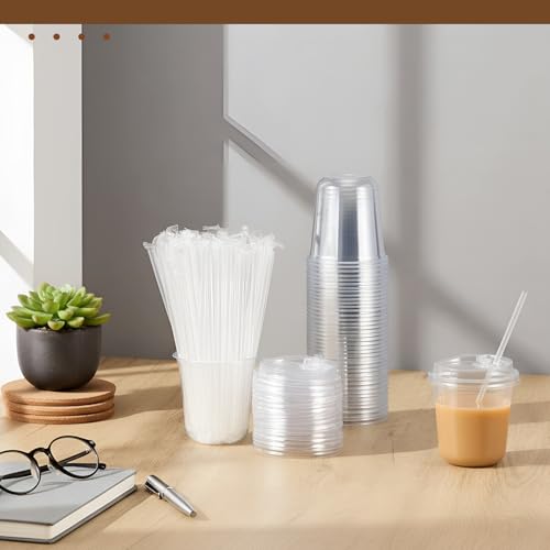 Ziliny 100 Pcs 12oz Clear Plastic Cups with Lids and Straws, Disposable Iced Coffee Drink Cups, Plastic Cup for Iced Coffe...