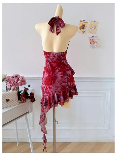Verdusa Women's Y2k Mesh Mini Dress Floral Halter Backless Fairy Dress Ruffle Going Out Dress Wedding Guest Dress