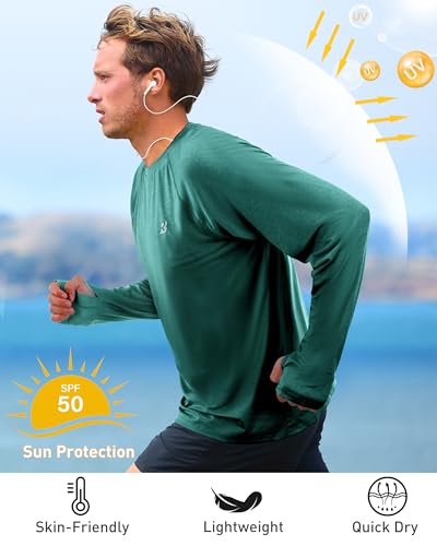 Roadbox UPF 50+ Mens Swim Shirts, Long Sleeve Sun Protection Fishing Rash Guard, Quick Dry UV Hiking Shirt with Thumbhole